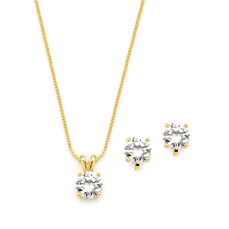 14K Gold Plated CZ Pendant Necklace and Clip-On Earrings Set<br>2002S-G