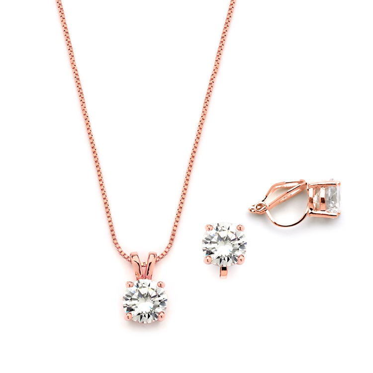 14K Rose Gold Plated CZ Pendant Necklace and Clip-On Earrings Set<br>2002S-RG