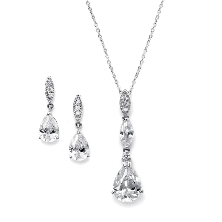 Bridal Necklace Set with Pave Top & Cubic Zirconia Pears<br>2030S