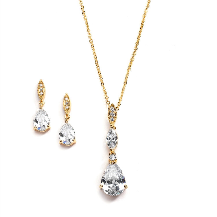 Bridal Necklace Set with Pave Top & Cubic Zirconia Pears<br>2030S-G