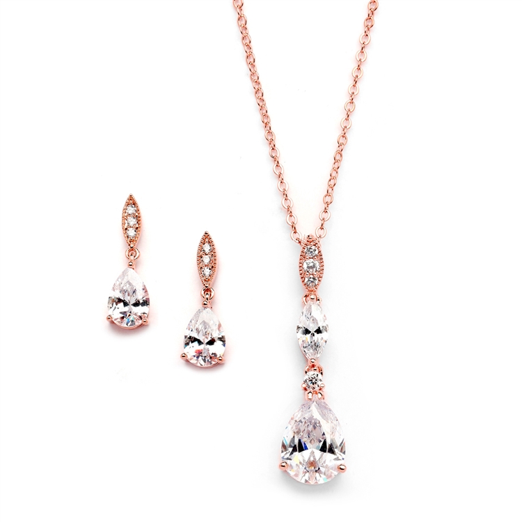 Rose Gold Bridal Necklace Set with Pave Top & Cubic Zirconia Pears<br>2030S-RG