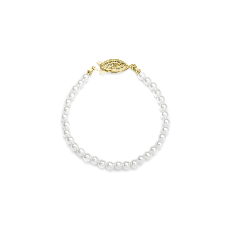 Single Strand Petite 4mm Pearl Wedding Bracelet - 6"/White/Gold<br>228B-6-W-G