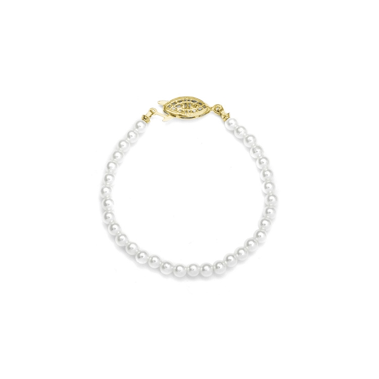 Mariell Wholesale Single Strand Petite 4mm Pearl Wedding Bracelet - 6"/White/Gold