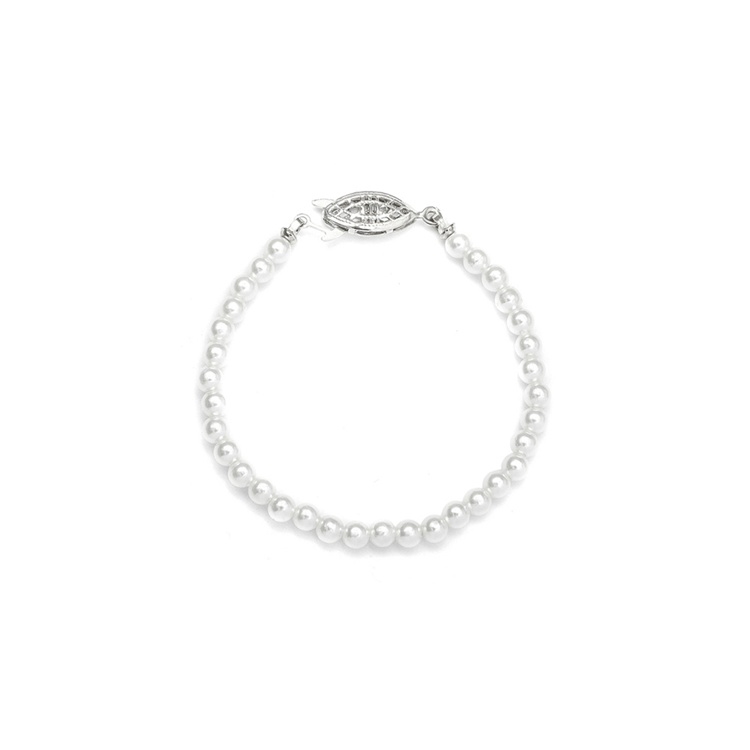 Single Strand Petite 4mm Pearl Wedding Bracelet - 6"/White/Silver<br>228B-6-W-S