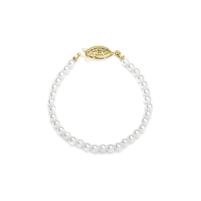 Single Strand 4mm Pearl Wedding Bracelet - 7"/White/Gold<br>228B-7-W-G