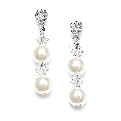 Pearl & Crystal Dangle Wedding Earrings - White - Clip<br>235EC-W-CR-S