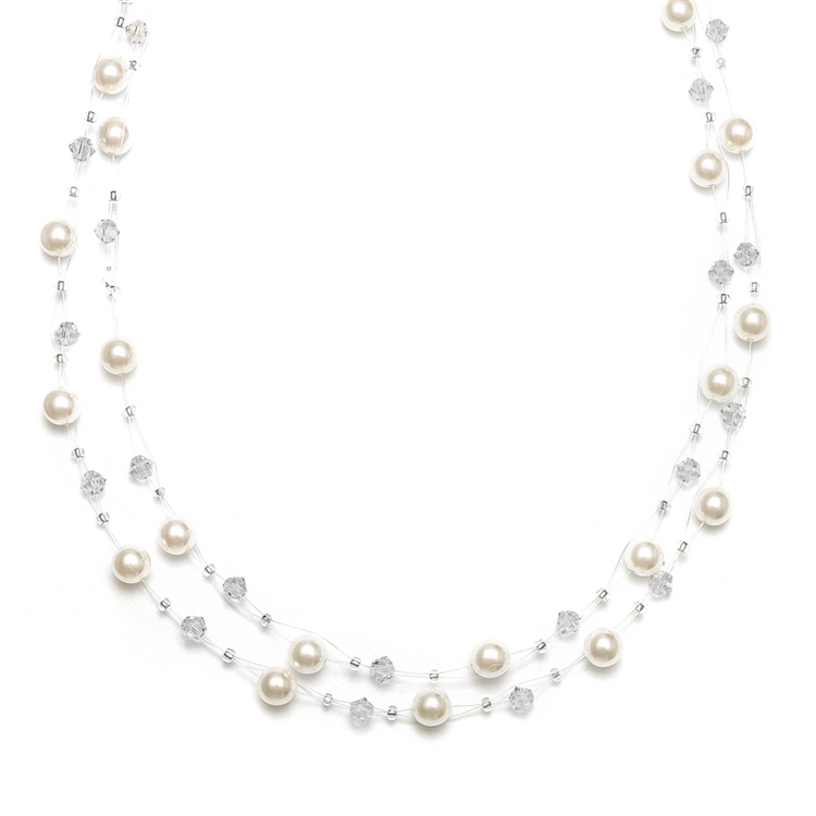 Pearl & Crystal Bridal or Bridesmaids Illusion Necklace - Honey<br>235N-HO-CR-S