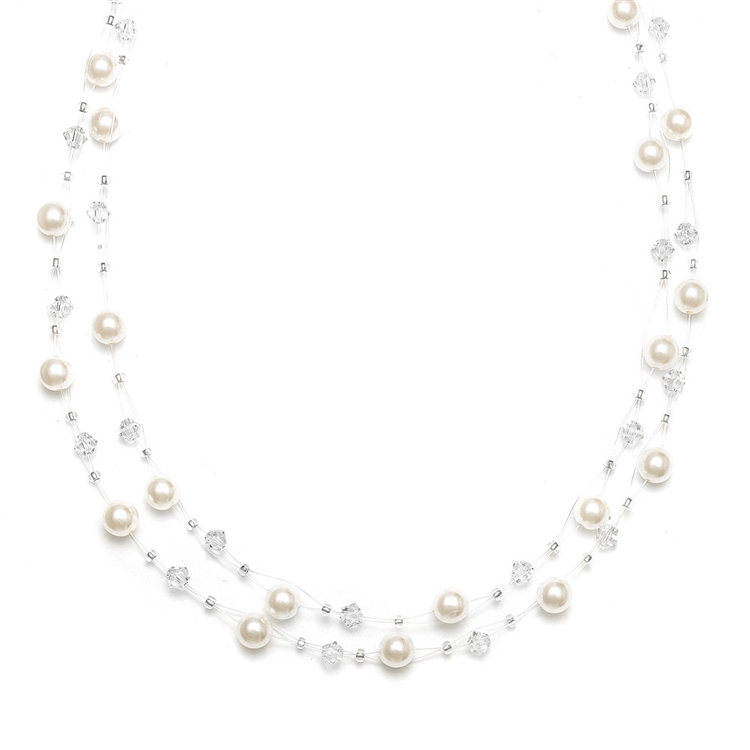 2-Row Pearl & Crystal Bridal Illusion Necklace - Ivory/Clear<br>235N-I-CR-S