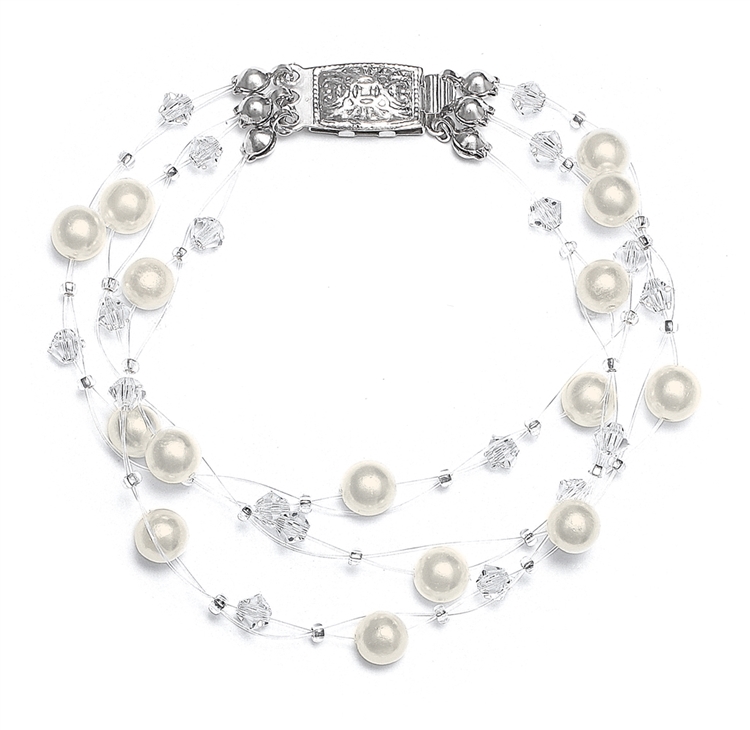 3-Row Pearl & Crystal Bridal Illusion Bracelet - Honey / Silver<br>250B-HO-S