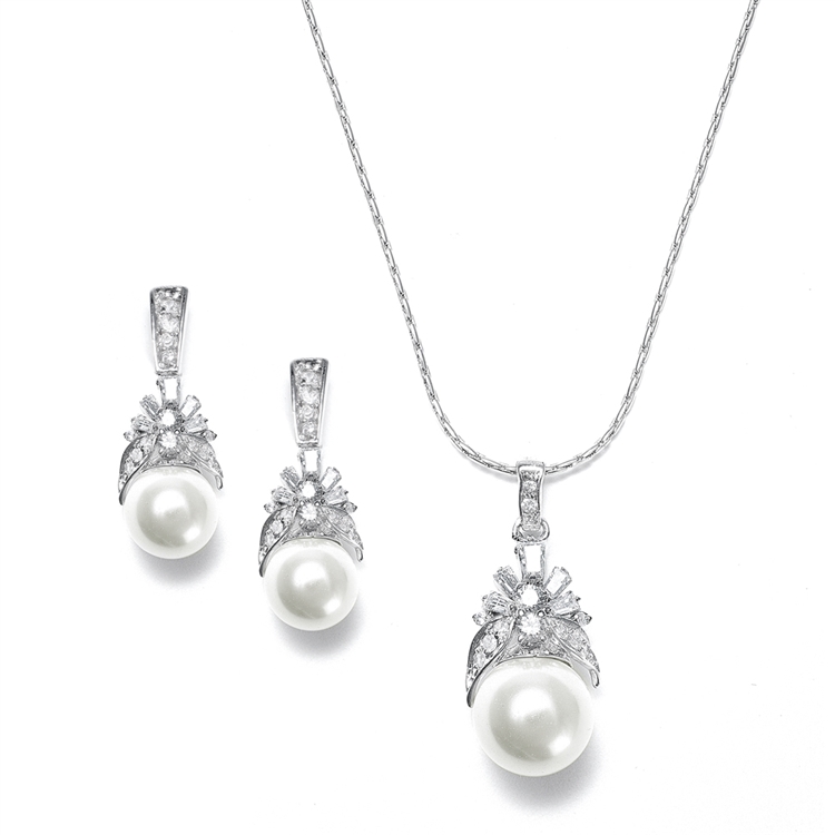 Pearl and CZ Baguettes Necklace Set<br>261S