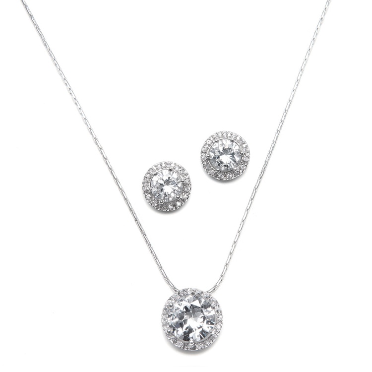 CZ Solitaire Wedding Necklace and Earring Set<br>291S-CR