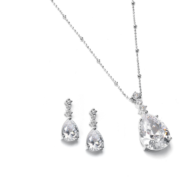 Brilliant CZ Pear Shaped Drop Necklace Set<br>293S-CR