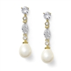 Linear Gold Wedding Dangle Earrings with CZ and Ivory Pearl Drops<br>3035E-G