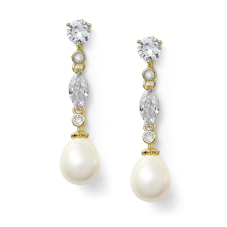 Linear Gold Wedding Dangle Earrings with CZ and Ivory Pearl Drops<br>3035E-G