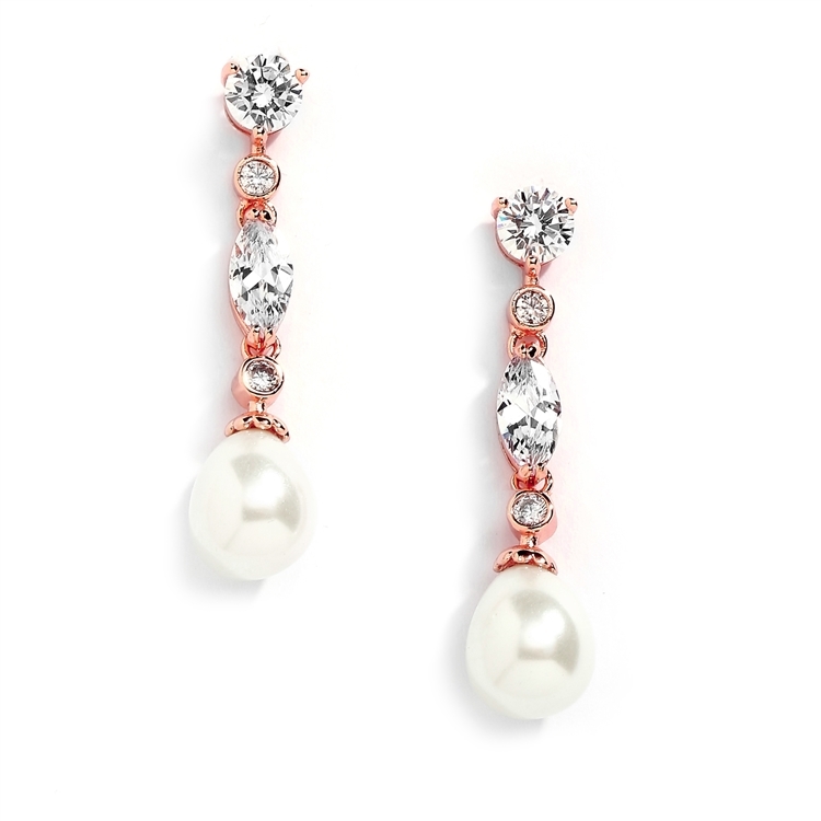 Linear Rose Gold Wedding Earrings with CZ and Ivory Pearl Drops<br>3035E-RG