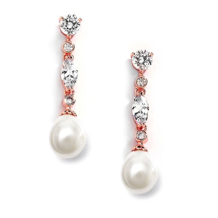 Mariell Wholesale Linear Rose Gold Wedding Earrings with CZ and Ivory Pearl Drops