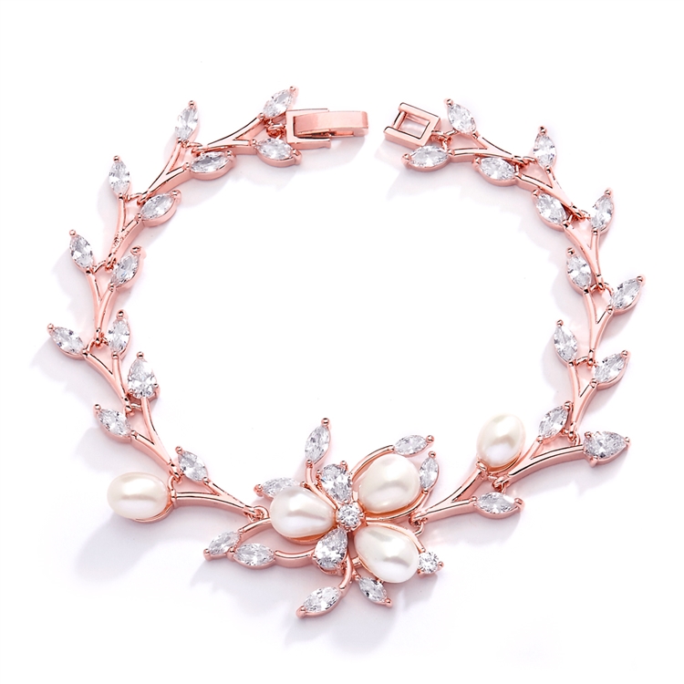 Mariell Wholesale Rose Gold and Freshwater Pearls in CZ Leaves Bracelet