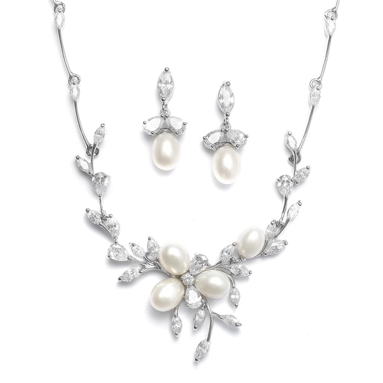 Genuine Freshwater Pearls and CZ Leaves Statement Necklace and Earrings Set<br>3041S