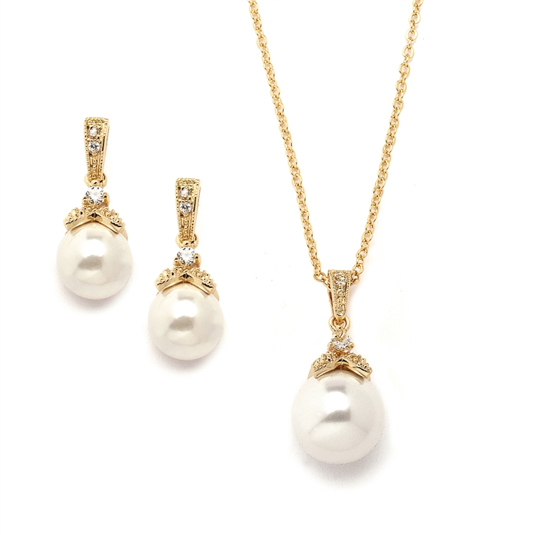 Mariell Wholesale Gold Pearl Drop Necklace Set with Vintage CZ