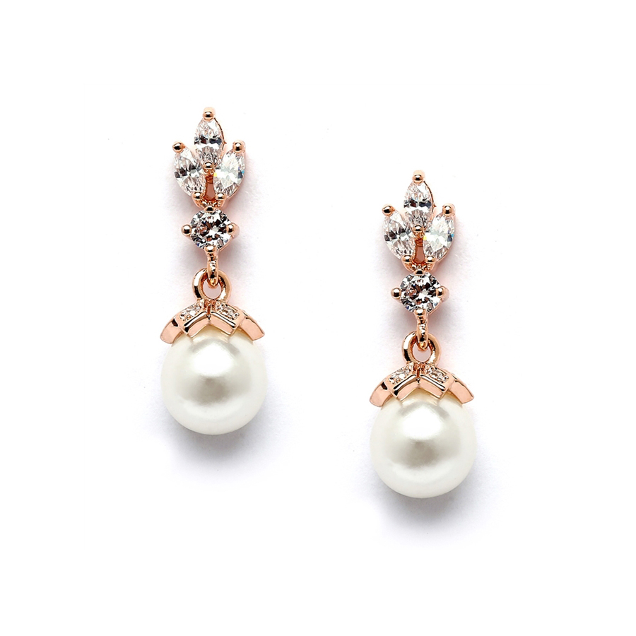 Rose Gold CZ Marquis Trio Earrings with Pearl Drop<br>304E-RG