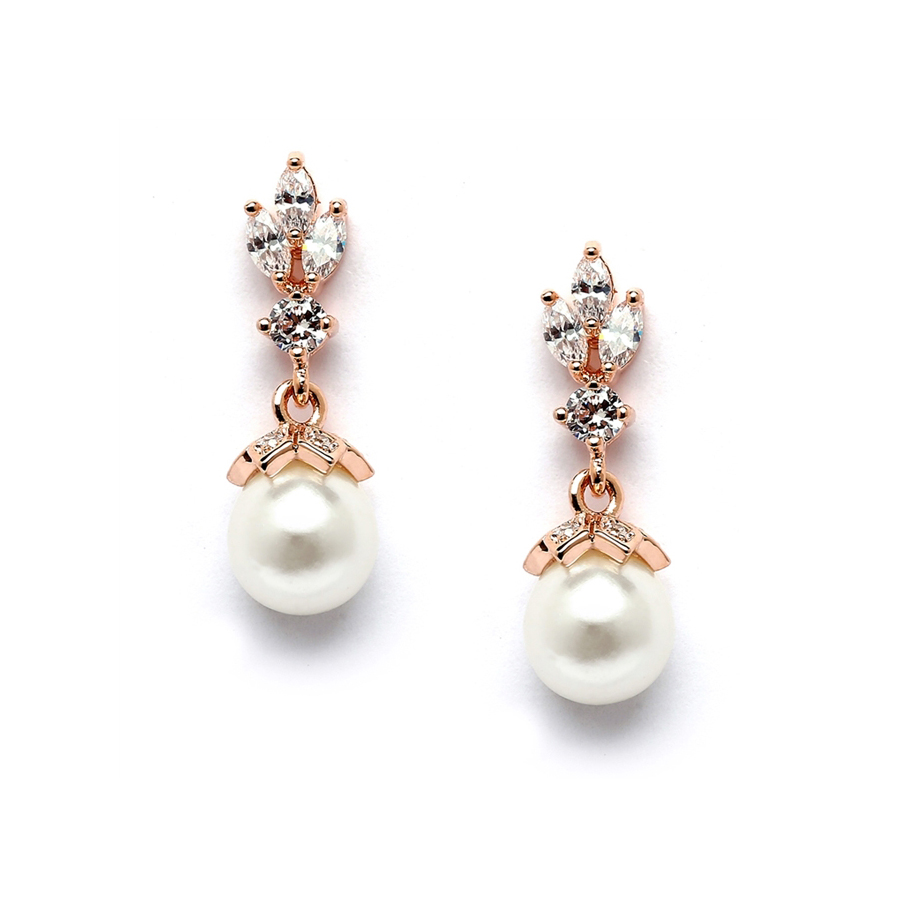 Mariell Wholesale Rose Gold CZ Marquis Trio Earrings with Pearl Drop