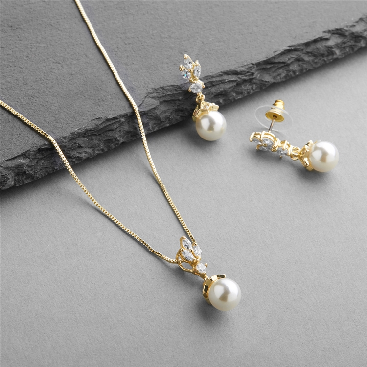 Gold Cubic Zirconia & Light Ivory Pearl Drop Vintage Wedding Jewelry Set<br>304S-G
