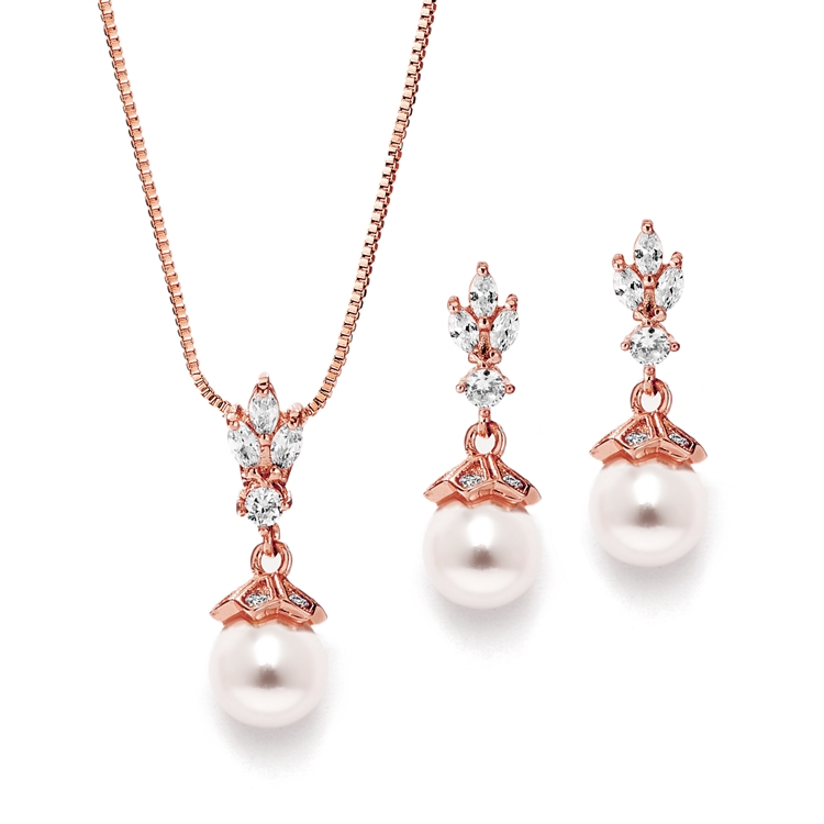 Rose Gold Cubic Zirconia & Light Ivory Pearl Drop Vintage Wedding Jewelry Set<br>304S-RG