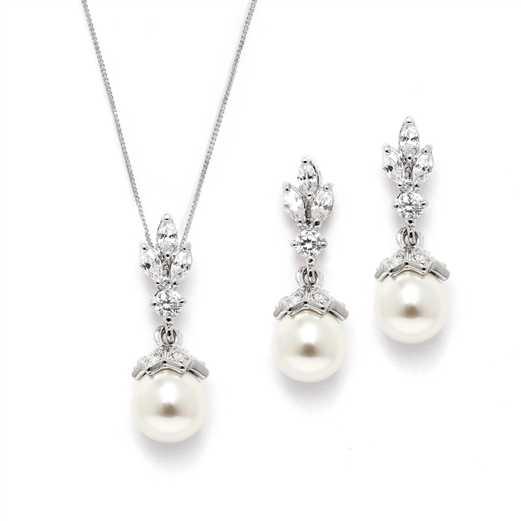 CZ & Light Ivory Pearl Drop Vintage Wedding Jewelry Set<br>304S-S