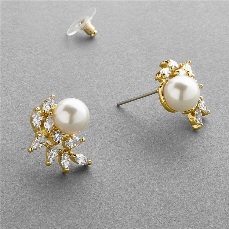 14K Gold Cubic Zirconia Crescent Bridal Earrings with Ivory Pearl<br>3067E-G