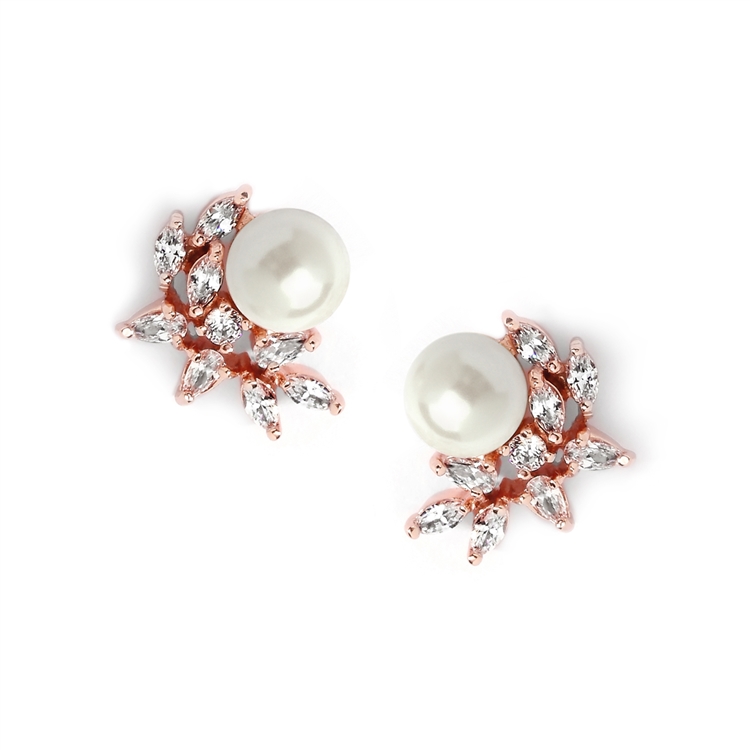 Rose Gold Cubic Zirconia Crescent Bridal Earrings with Ivory Pearl<br>3067E-RG