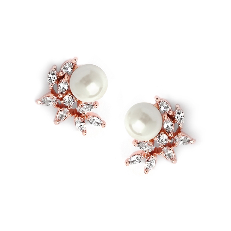Mariell Wholesale Rose Gold Cubic Zirconia Crescent Bridal Earrings with Ivory Pearl