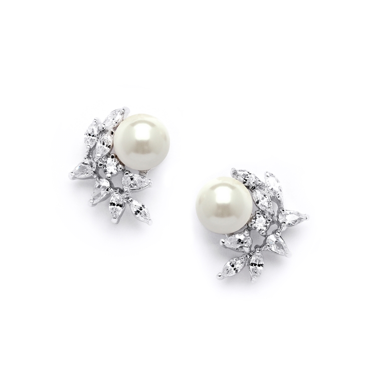 CZ Crescent Bridal Clip-On Earrings with Pearl<br>3067EC