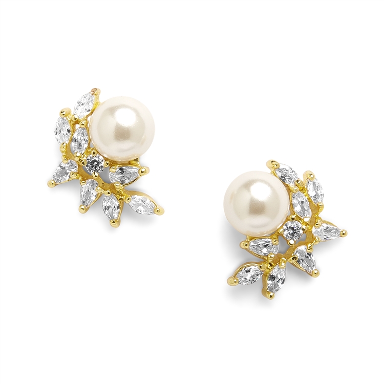 CZ Crescent Gold Bridal Clip-On Earrings with Pearl<br>3067EC-G