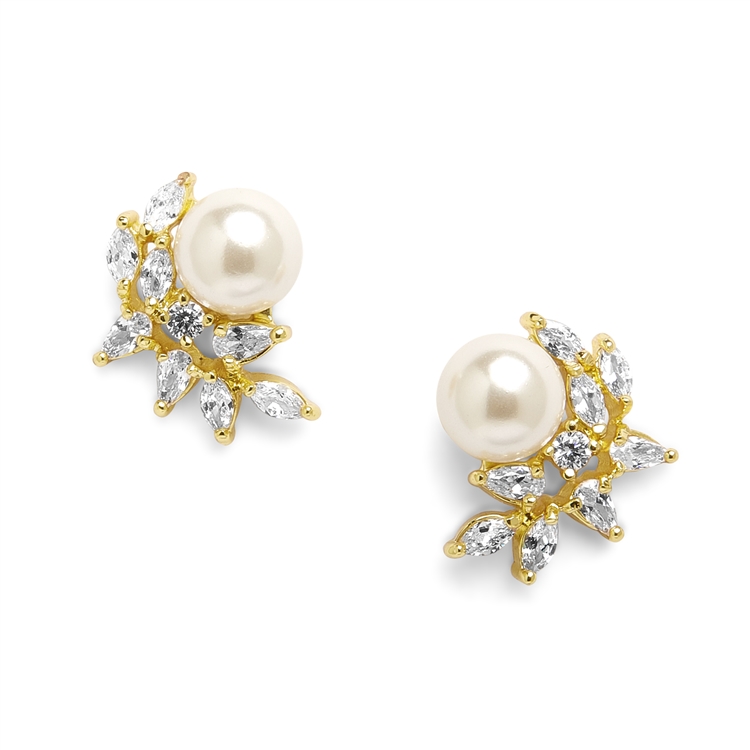 Mariell Wholesale CZ Crescent Gold Bridal Clip-On Earrings with Pearl