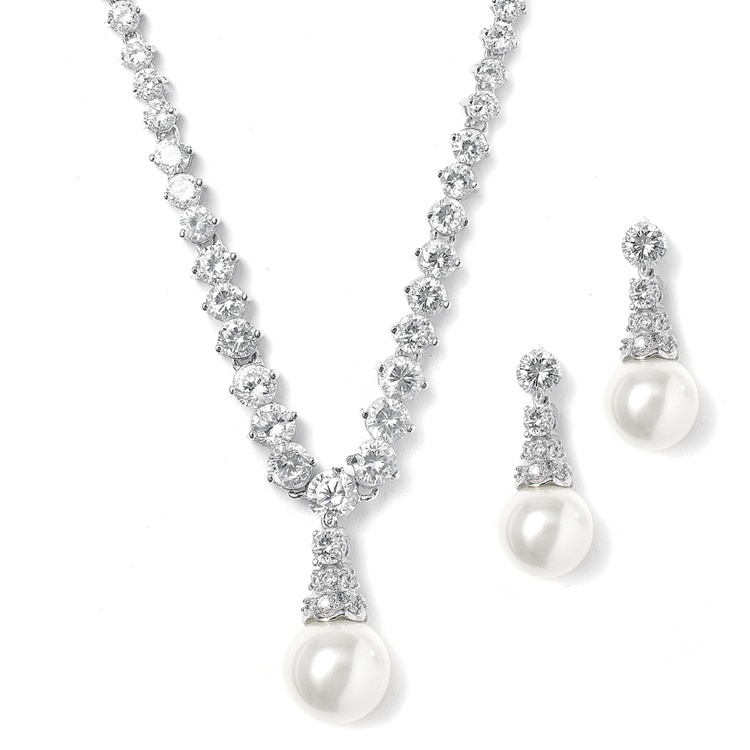 Bridal Necklace Set with Graduated CZ Rounds and Bold Pearl<br>3068S