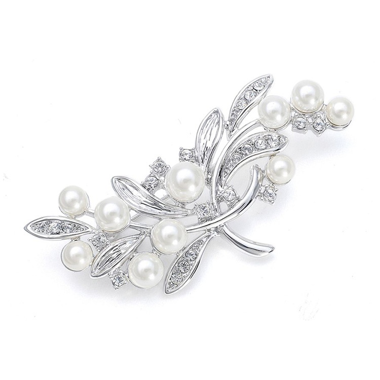 Pearl Bridal Brooch with CZ Leaves<br>3161P