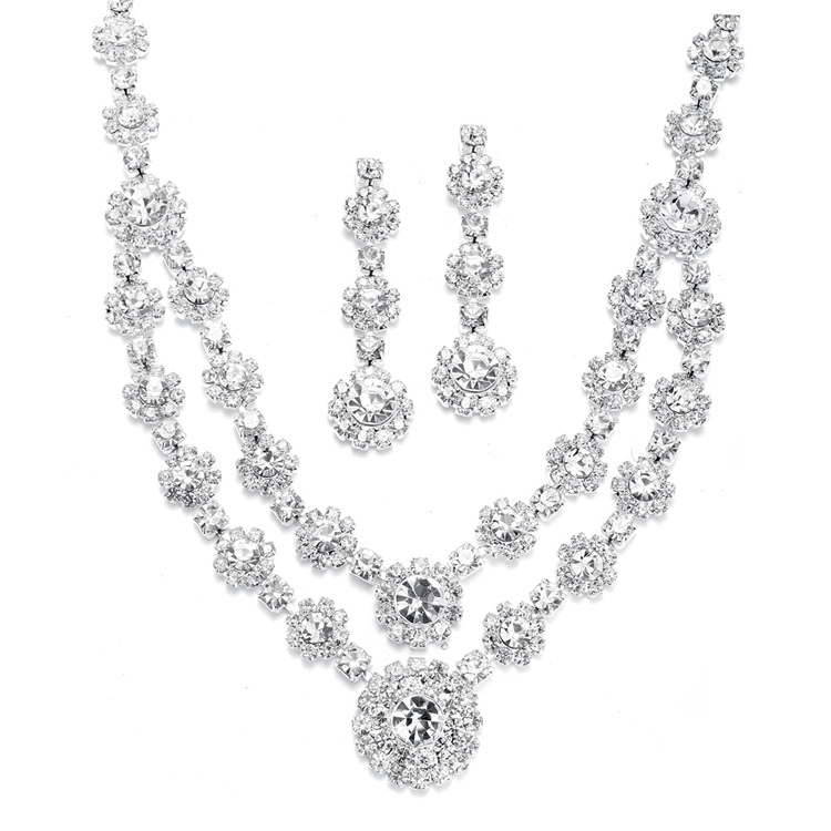 Best Selling Regal Silver 2-Row Rhinestone Necklace & Earrings Set<br>3228S-CR