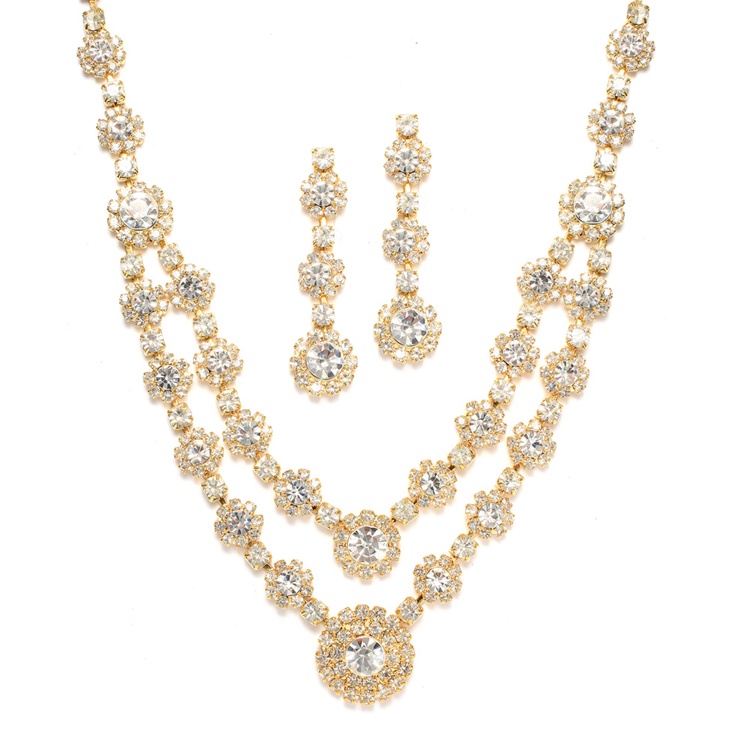 Best Selling Regal Gold Two Row Rhinestone Necklace & Earrings Set<br>3228S-CR-G
