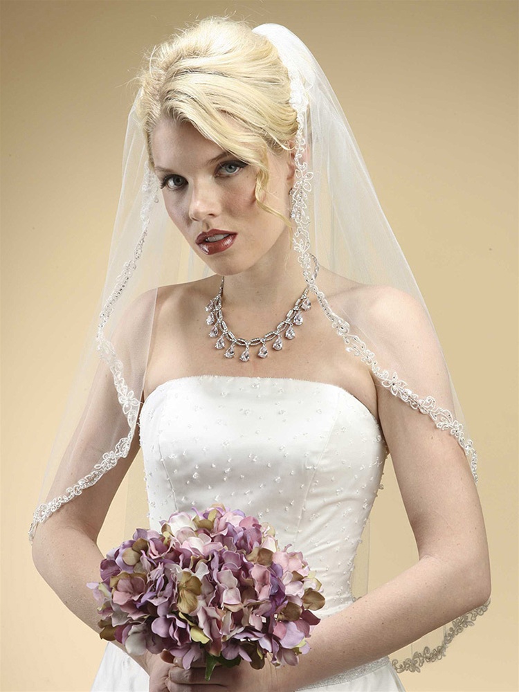Rhinestone Edge Mantilla Wedding Veil with Floral Appliqu&egrave; - White<br>3326V-W