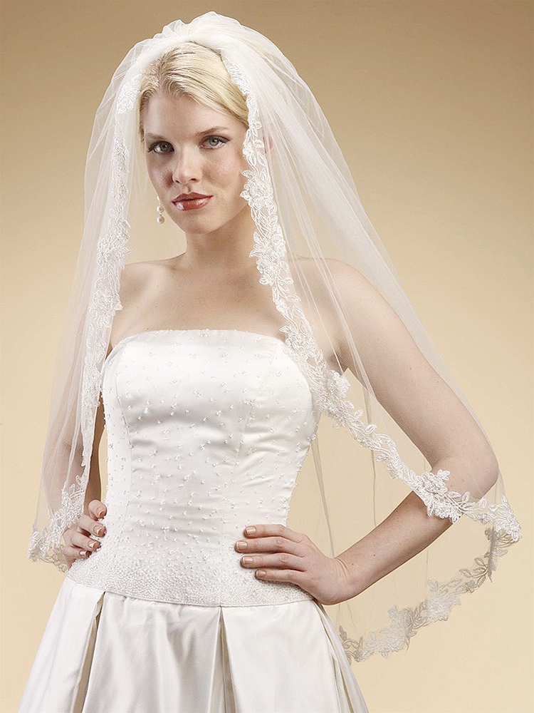 Alencon Lace Embroidered Mantilla Wedding Veil - White<br>3331V-W