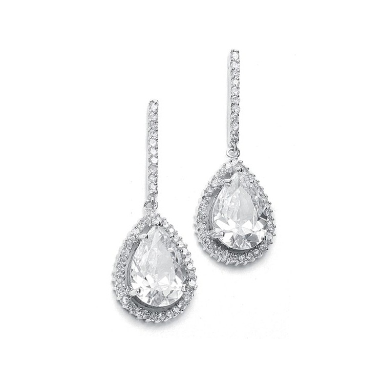 Large CZ Pear Drop Bridal Earrings with Pave Frame<br>342E