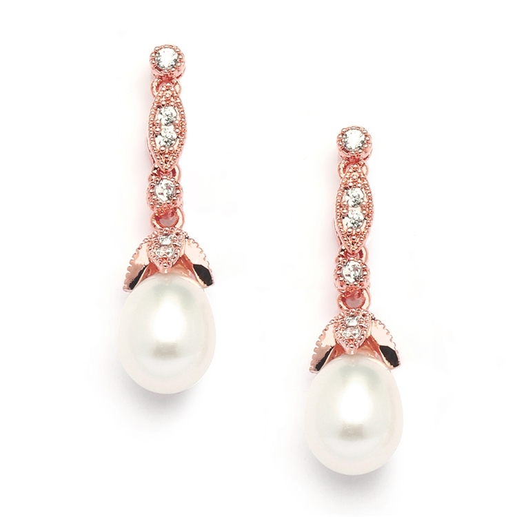 Freshwater Pearl Rose Gold Vintage Dangle Earrings<br>343E-RG
