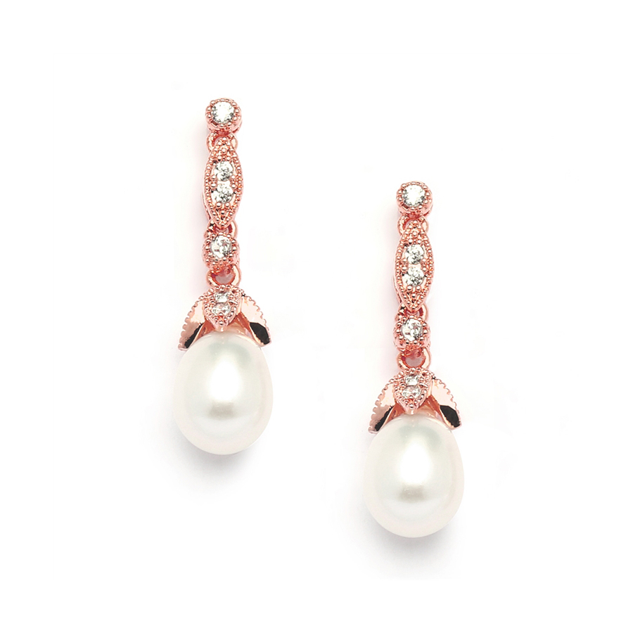 Mariell Wholesale Freshwater Pearl Rose Gold Vintage Dangle Earrings