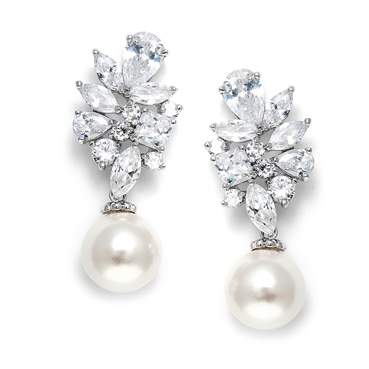 Mariell Bold CZ Cluster Wedding Bridal Earrings with Ivory Pearl Drops - Genuine Platinum Plated<br>3530E