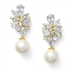 Mariell Gold CZ Cluster Wedding Bridal Statement Earrings with Ivory Pearl Drops<br>3530E-G