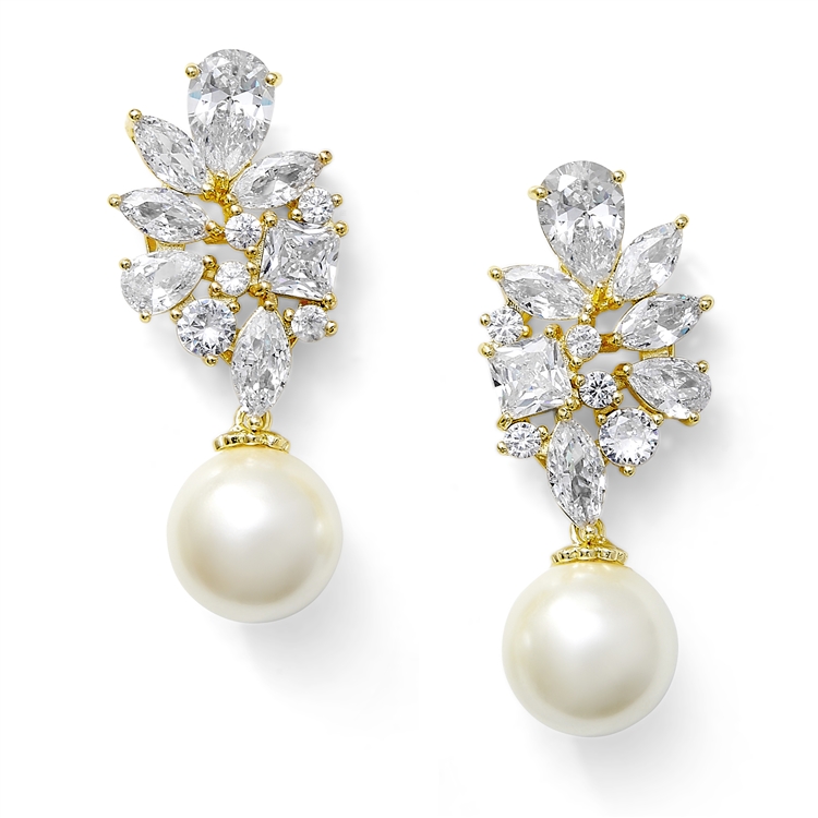 Mariell Gold CZ Cluster Wedding Bridal Statement Earrings with Ivory Pearl Drops<br>3530E-G