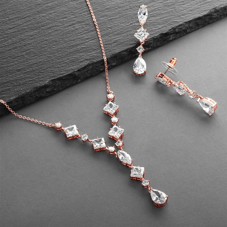 Glamorous Rose Gold Mixed Cubic Zirconia Wedding Necklace & Earrings Set<br>3564S-CR-RG