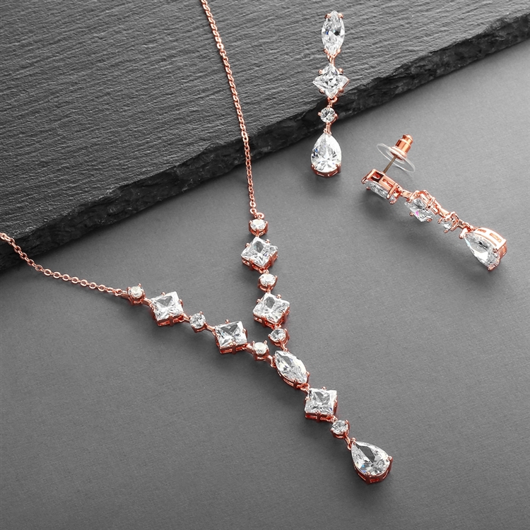 Mariell Wholesale Glamorous Rose Gold Mixed Cubic Zirconia Wedding Necklace & Earrings Set