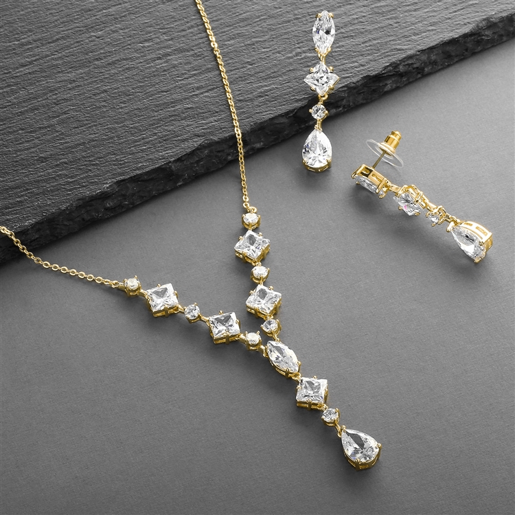 Mariell Wholesale Glamorous Gold Mixed Cubic Zirconia Wedding Necklace & Earrings Set