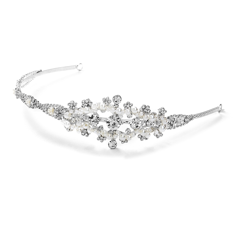 Crystal and White Pearl Starburst Bridal Side Headband <br> 3573HB